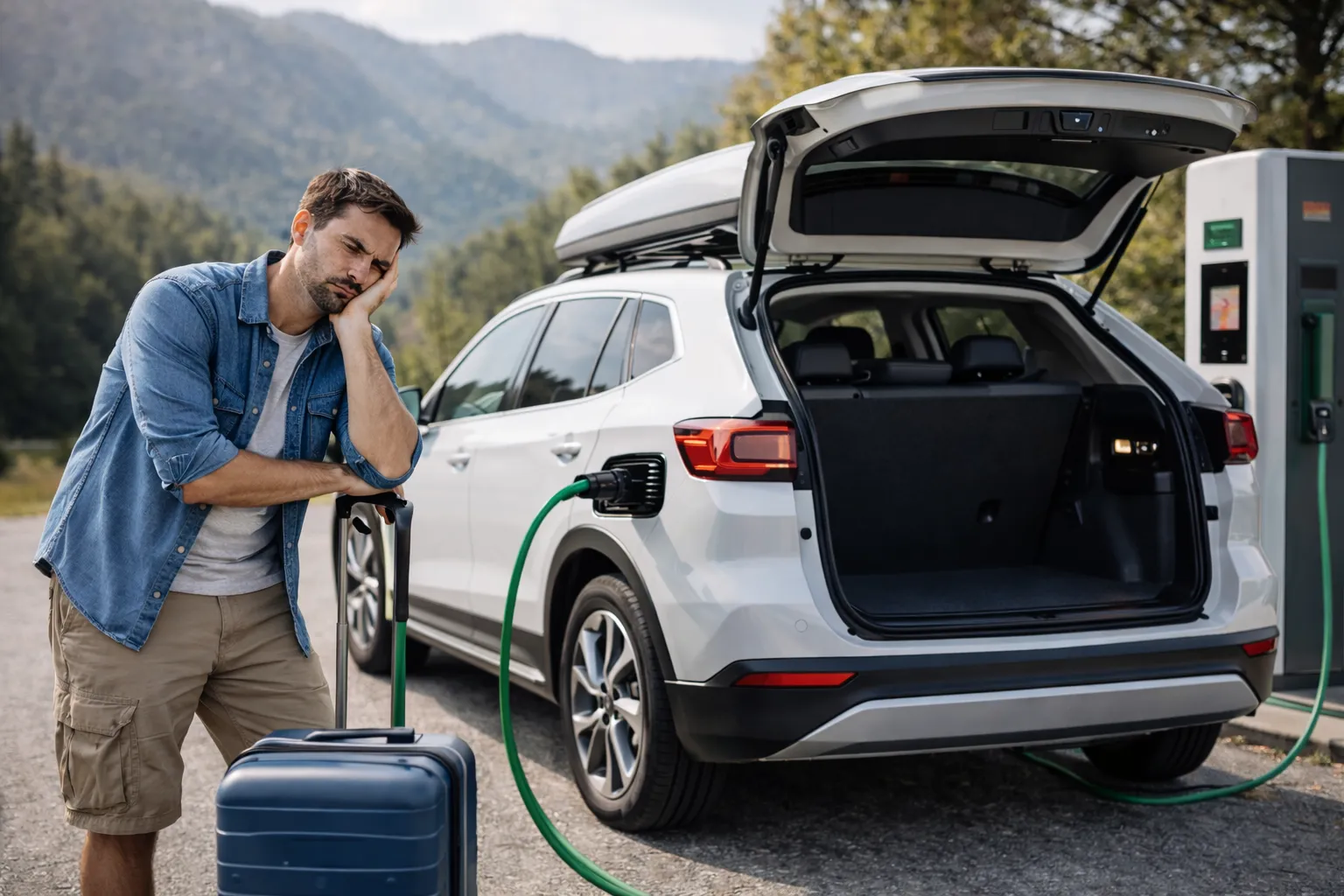 Hombre cargando coche eléctrico blanco en punto de recarga público en montaña