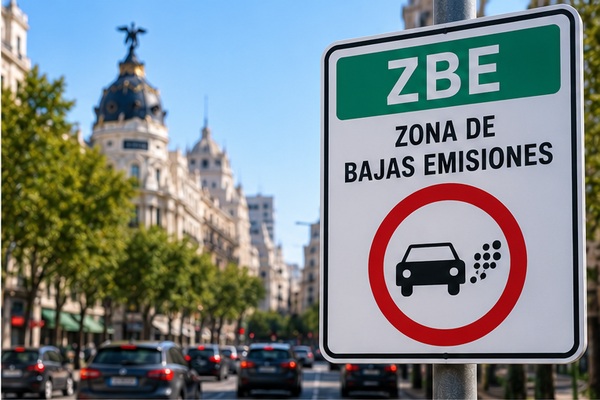 Señal de entrada a una zona de bajas emisiones en una calle, donde la etiqueta asociada a la matrícula decide el acceso