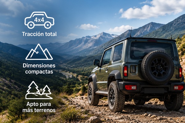 Todoterreno verde con rueda de repuesto en un sendero de montaña y tres iconos: tracción total, compacto y apto para terreno