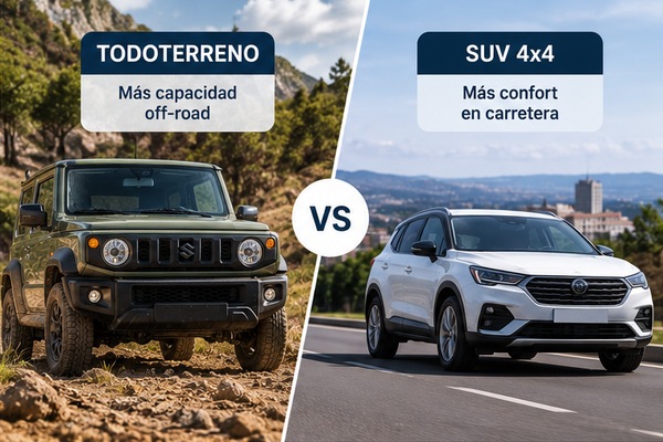 Todoterreno verde en un camino de tierra frente a un SUV blanco en carretera urbana, cada uno con su etiqueta de uso
