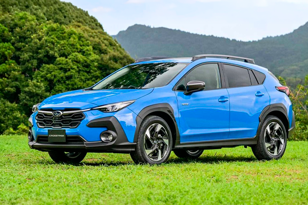 SUV Subaru azul eléctrico aparcado sobre césped con barras de techo y montañas cubiertas de bosque al fondo