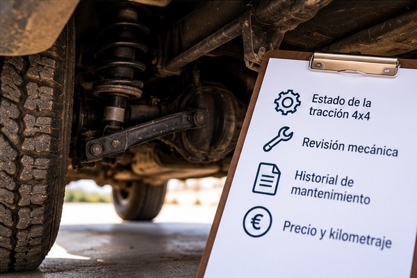 Bajos de un 4x4 con amortiguador y neumático de taco junto a una hoja de revisión que lista tracción, mecánica e historial