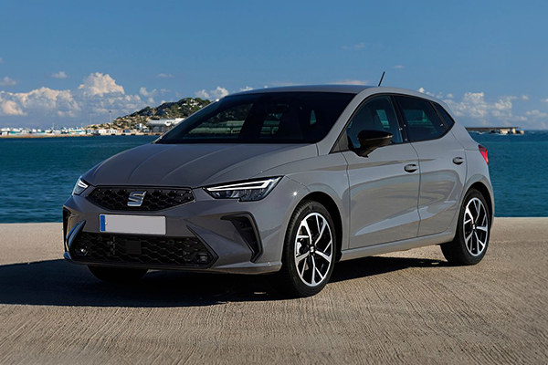 SEAT Ibiza gris con llantas de aleación bicolor y faros led, visto en tres cuartos frente al mar con un puerto al fondo