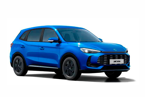 MG ZS azul eléctrico con parrilla de rejilla cromada y llantas negras, visto en tres cuartos sobre fondo blanco de estudio