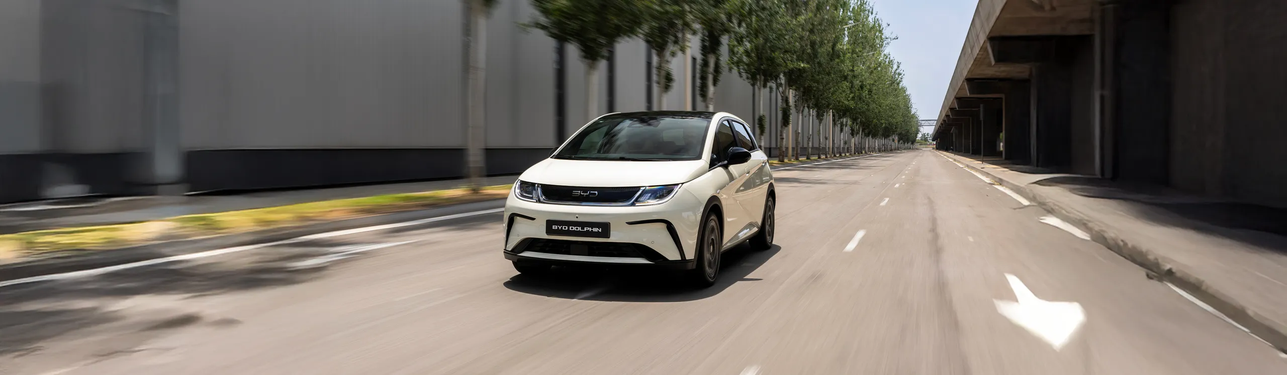 BYD Dolphin blanco circulando por una calle urbana moderna