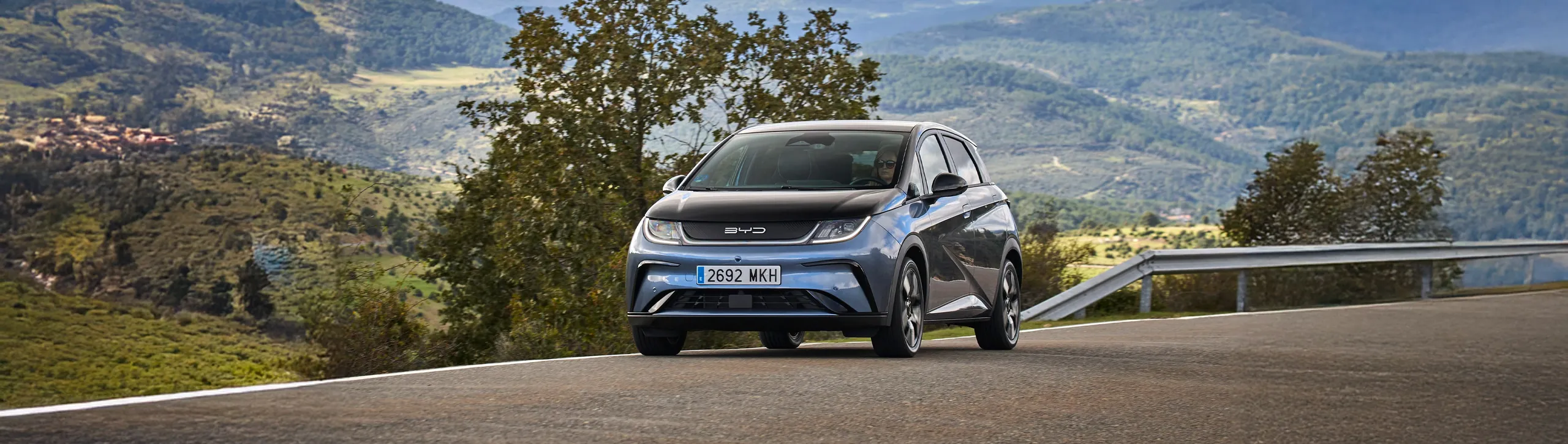 CUPRA Born VZ 2025 azul en carretera de montaña con paisaje verde