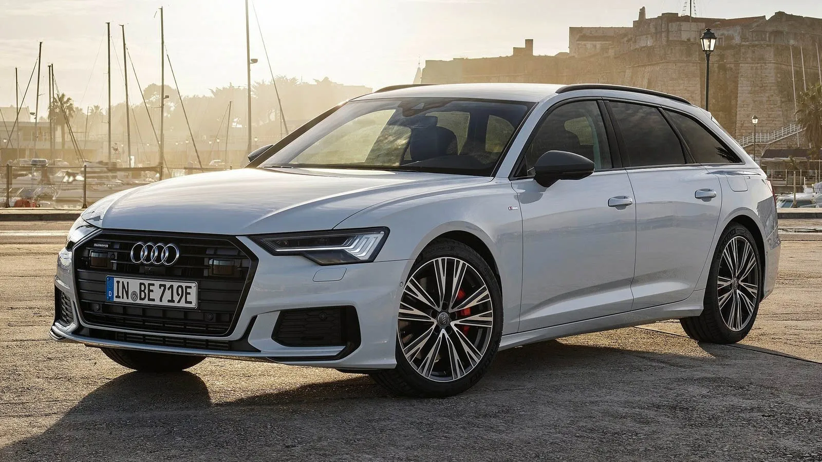 Audi A6 Avant blanco aparcado en un puerto, ideal para viajar con perros