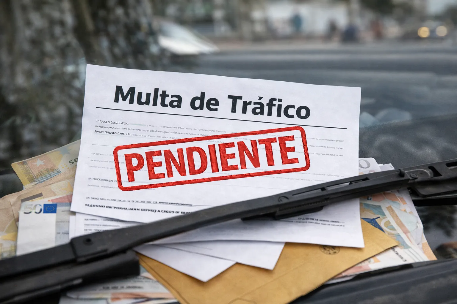 Multa de tráfico pendiente sobre documentos y dinero en efectivo