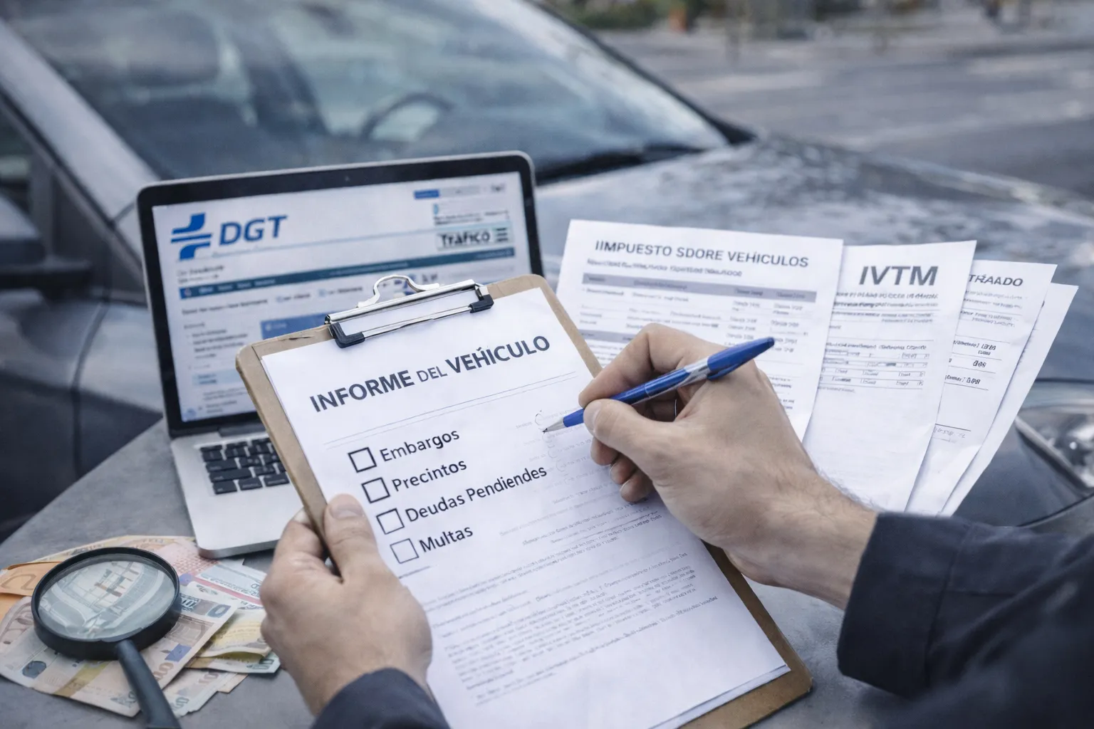 Comprobación de deudas vehiculares y documentos de impuestos pendientes en coche