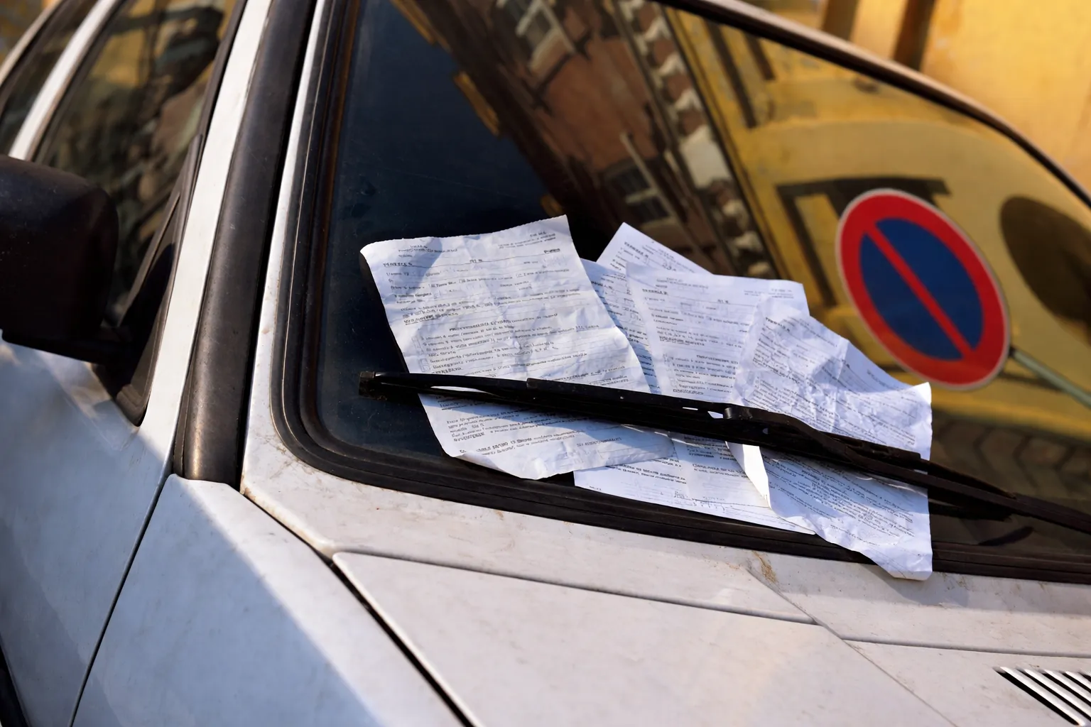 Multas de tráfico impresas bajo el limpiaparabrisas de un coche