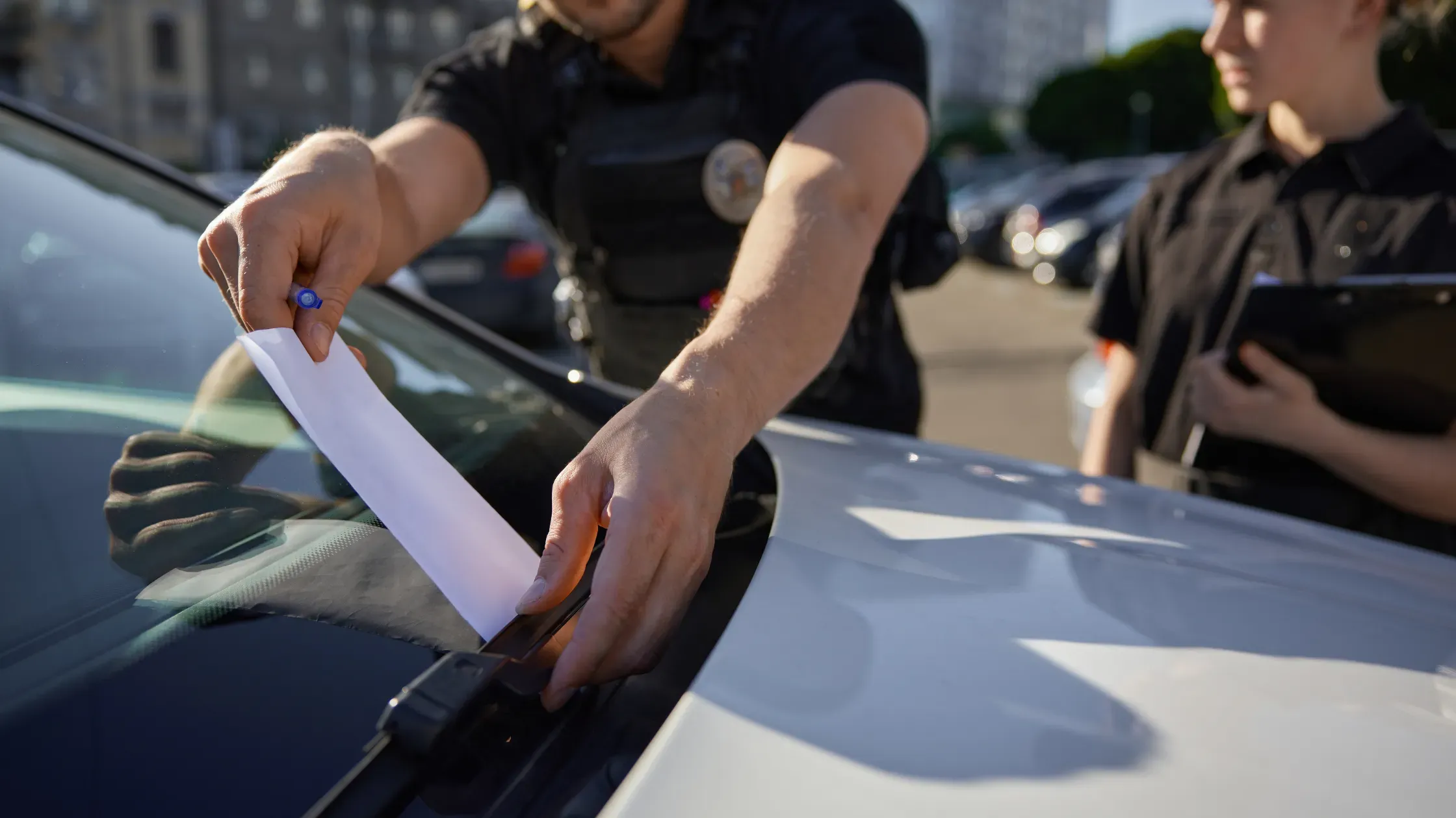 Persona pegando cartel de venta en el cristal de un coche estacionado