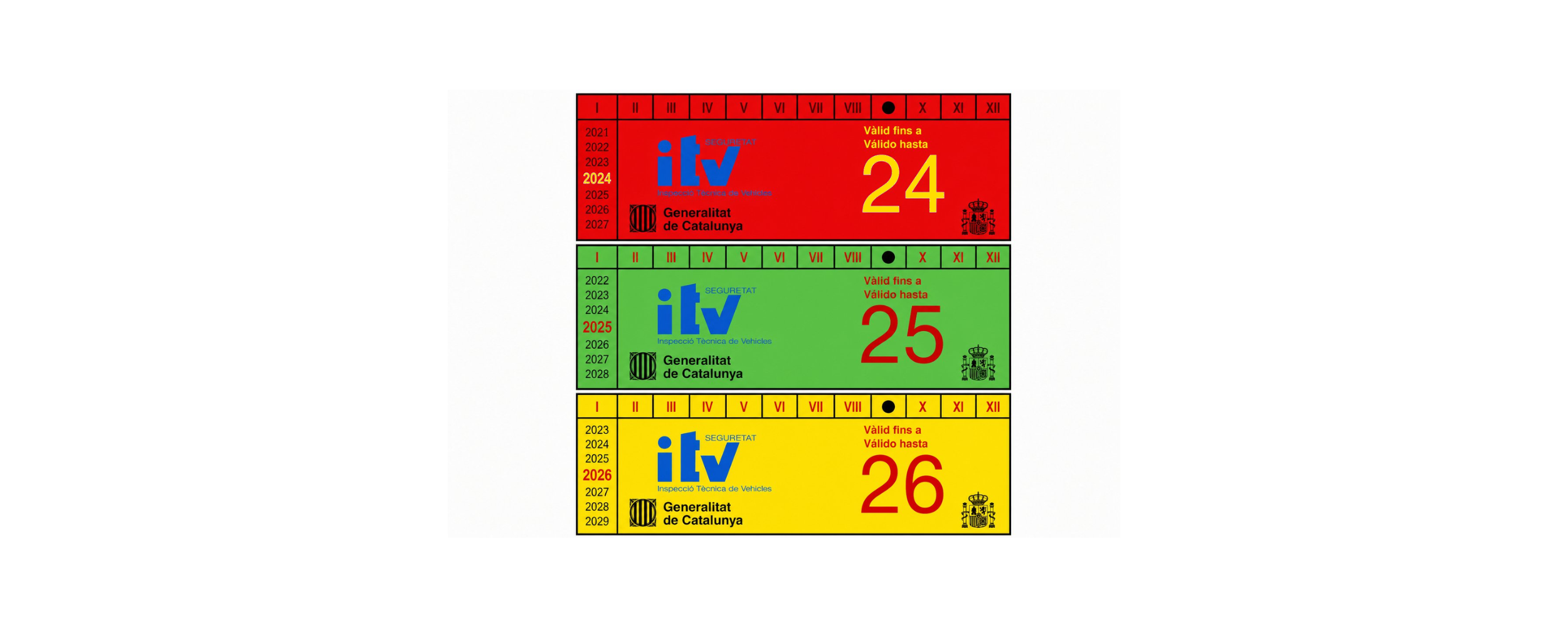 Pegatinas de ITV en color rojo, verde y amarillo con años de validez 2024, 2025 y 2026