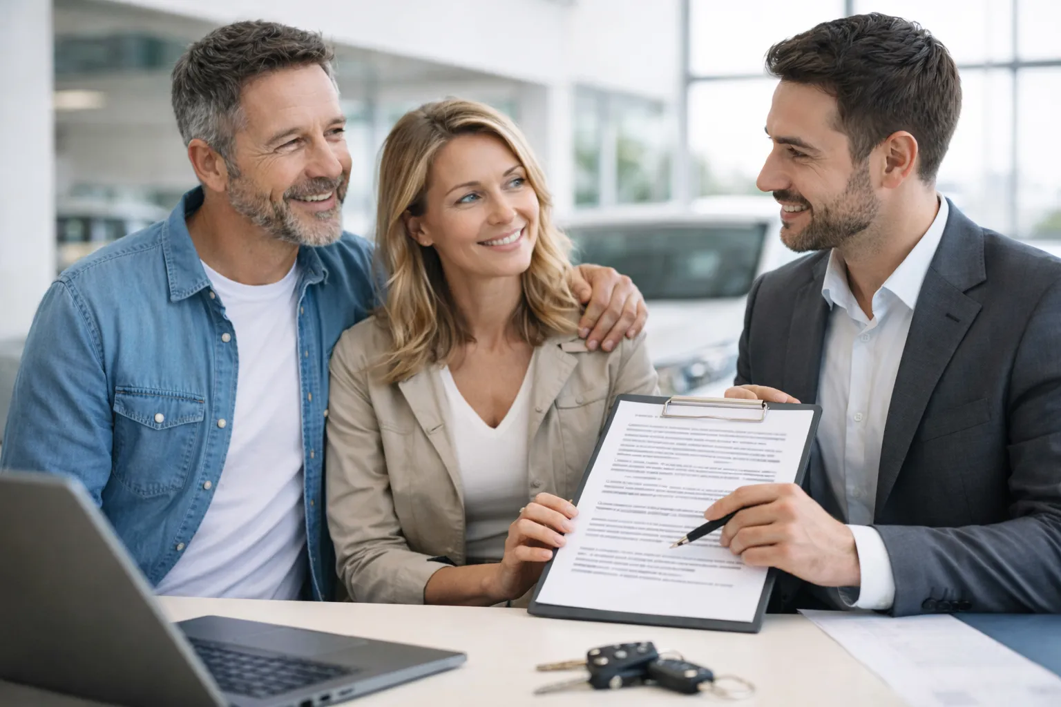 Vendedor de coches mostrando documentación de garantía a una pareja compradora