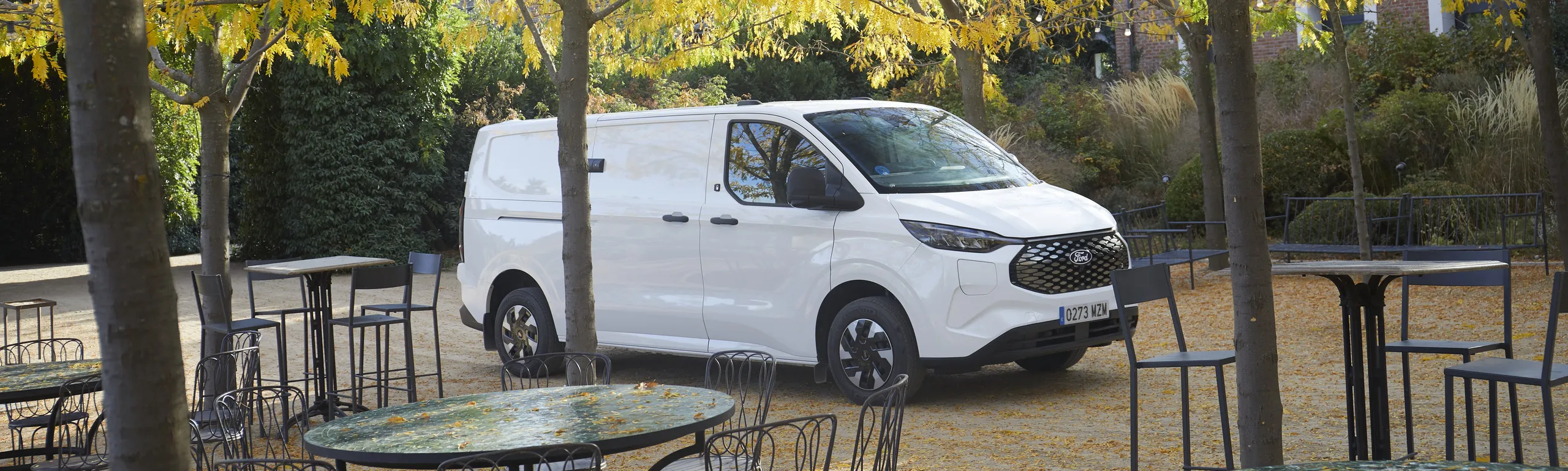 Furgoneta blanca compacta estacionada en parque con mesas y árboles