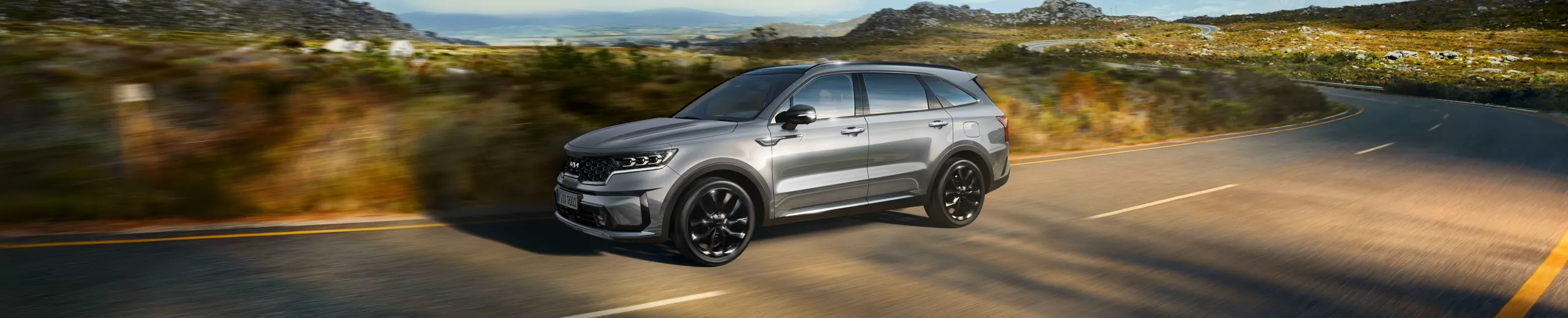 Hyundai Santa Fe gris circulando por carretera con paisaje de montañas al fondo