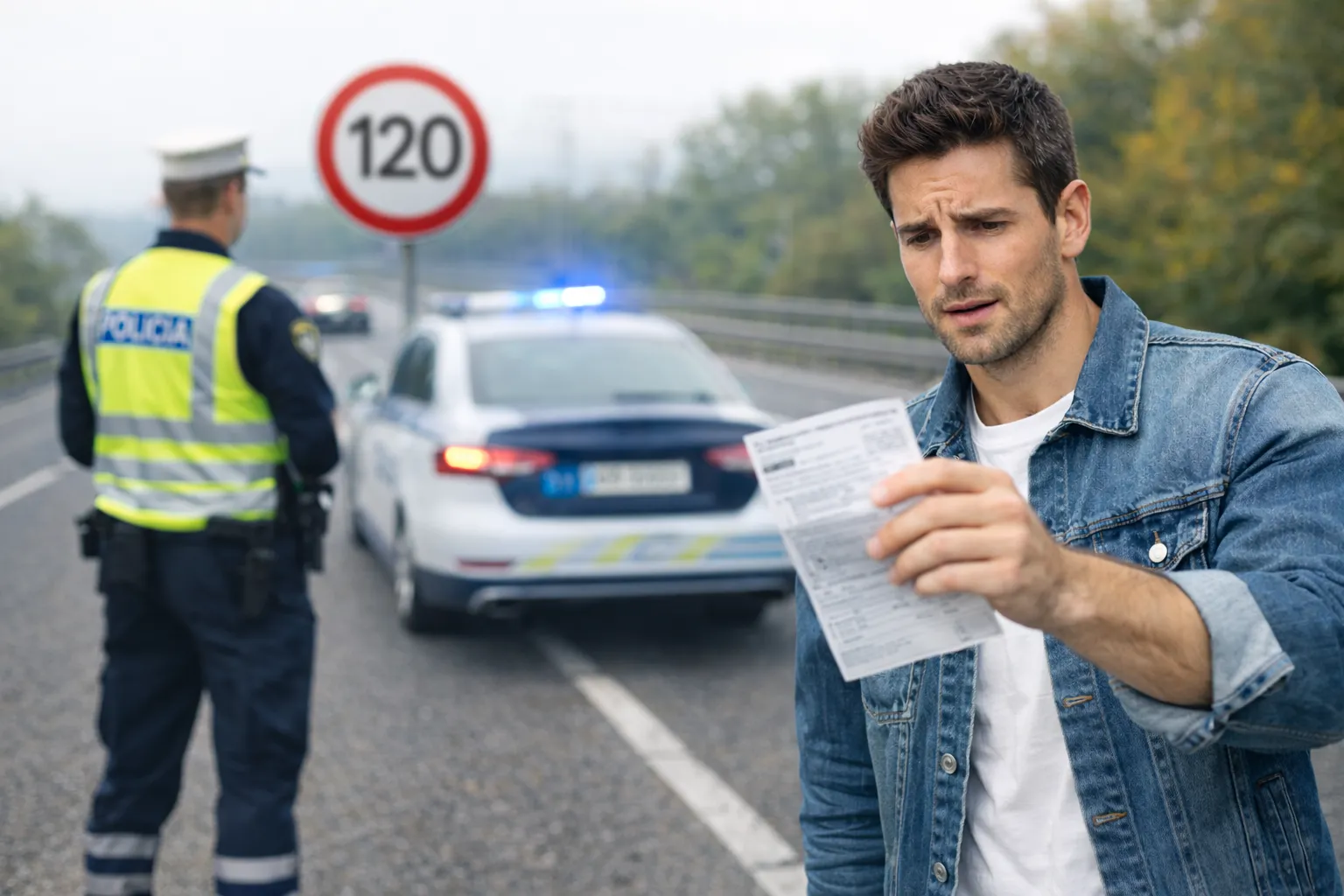 Conductor recibiendo multa de tráfico por exceso de velocidad en autopista