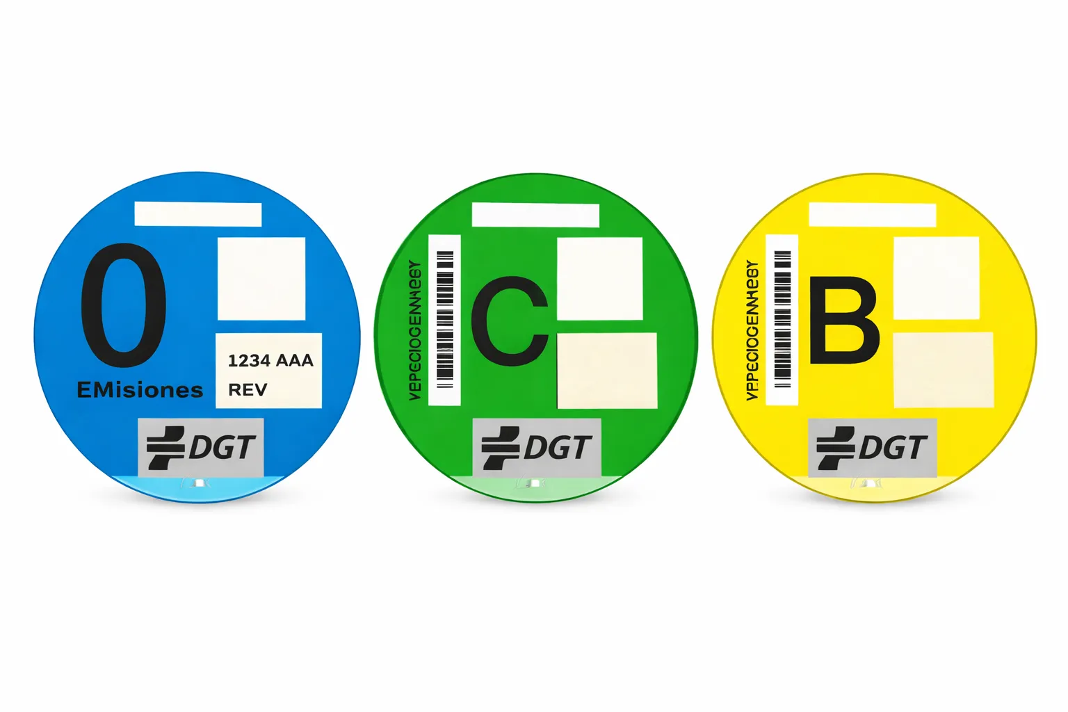 Etiquetas de emisiones DGT: 0 azul, C verde y B amarillo para vehículos