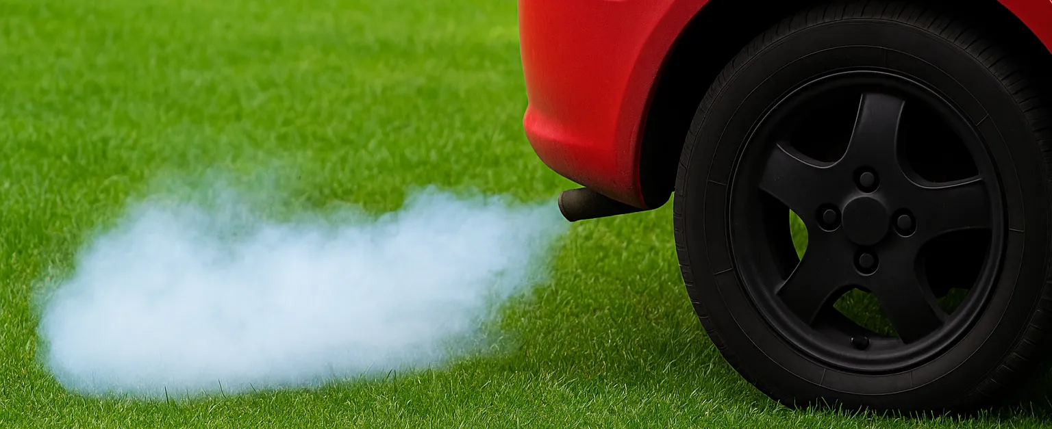Coche rojo expulsando humo azul del tubo de escape sobre hierba verde