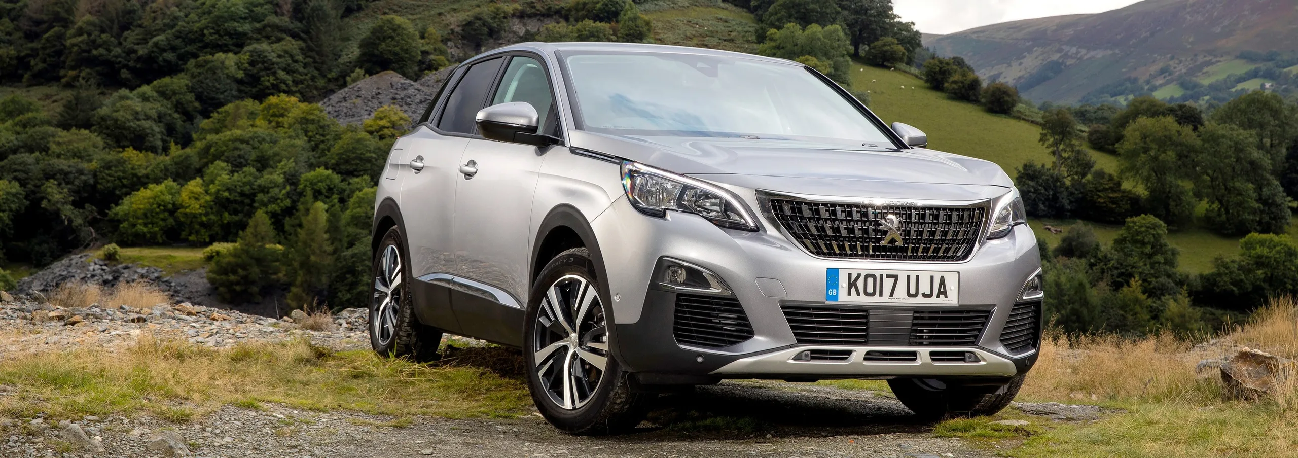 Peugeot 3008 blanco diésel en carretera de montaña con paisaje verde