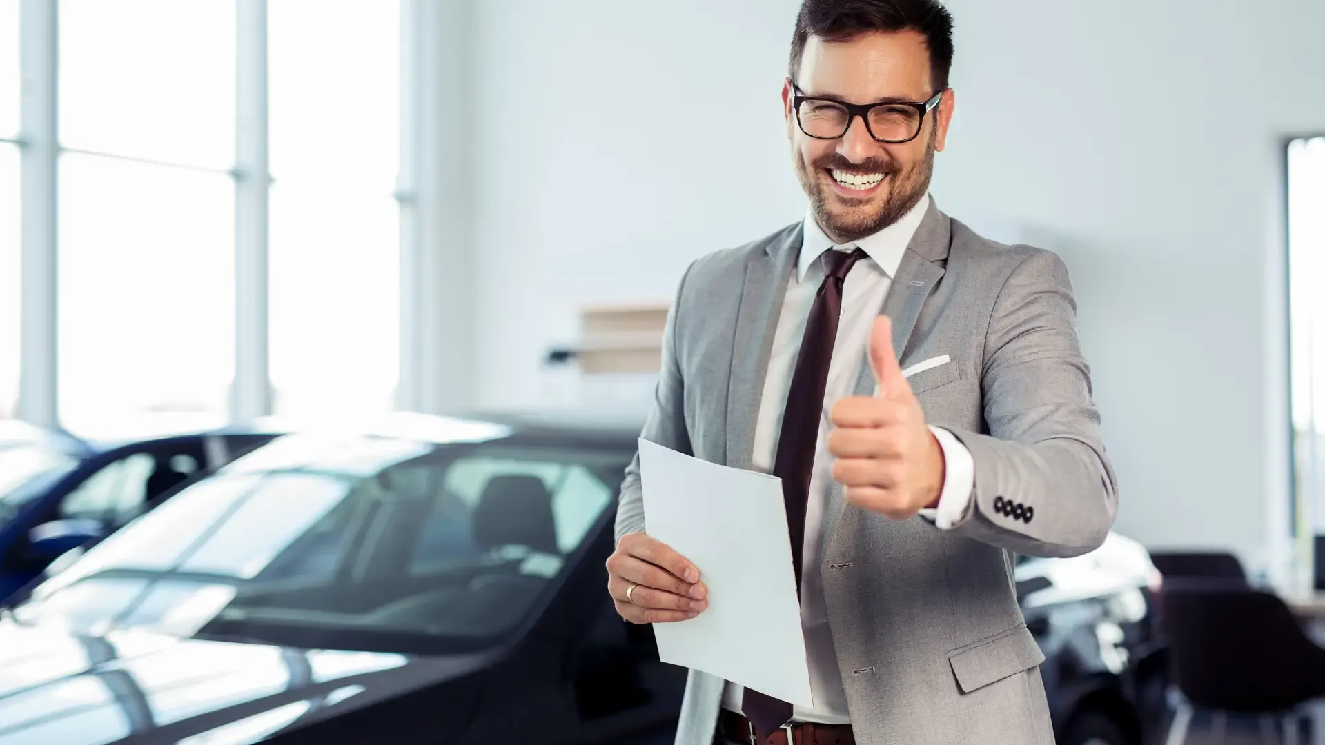 Vendedor de coches con documentación listos para formalizar la compraventa