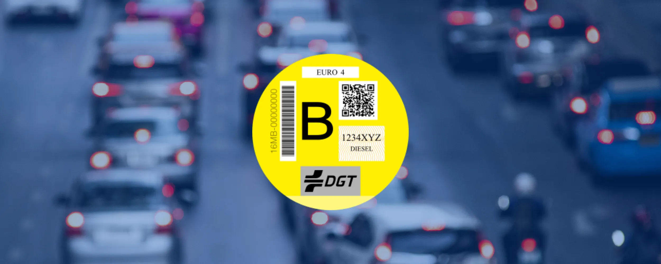 Etiqueta ambiental B de la DGT con código QR y datos del vehículo diésel