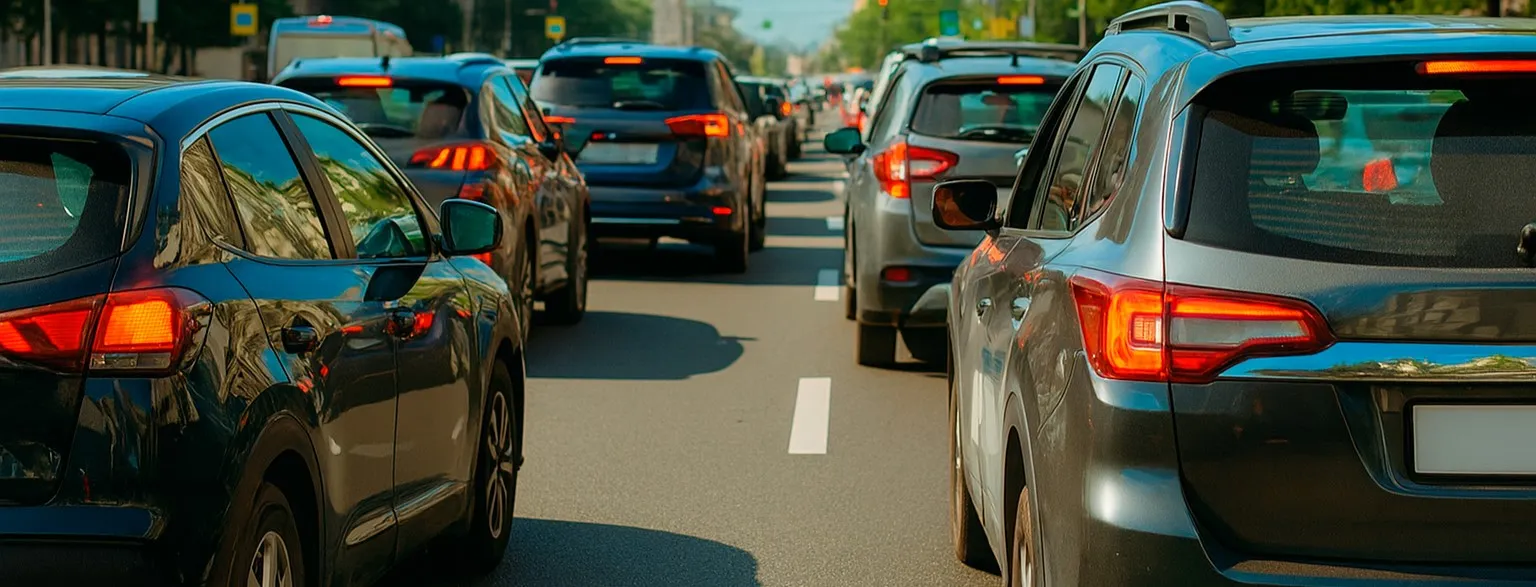 Tráfico congestionado en carretera con múltiples vehículos circulando lentamente